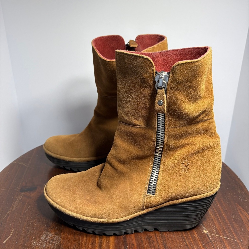 Fly London Yex Wedge Boots Womens 42 US 11-11.5 Tan Suede Mid Calf Zip Platform